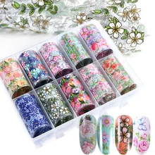 10 шт./кор. фон для ногтей, наклейки для маникюра украшения цветы лист дизайн наклейки Обертывания ползунки нейл-арта передачи пленки TR787-1