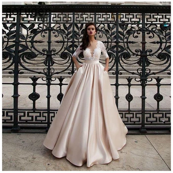 

Vestido De Noiva Champagne Wedding Dresses With Pocket Elegant Satin Lace Half Sleeves Wedding Gowns Floor Length Bride Dress