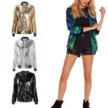

Women Autumn Long Sleeve Stand Collar Loose Shiny Sequins Zipper Coat Jacket