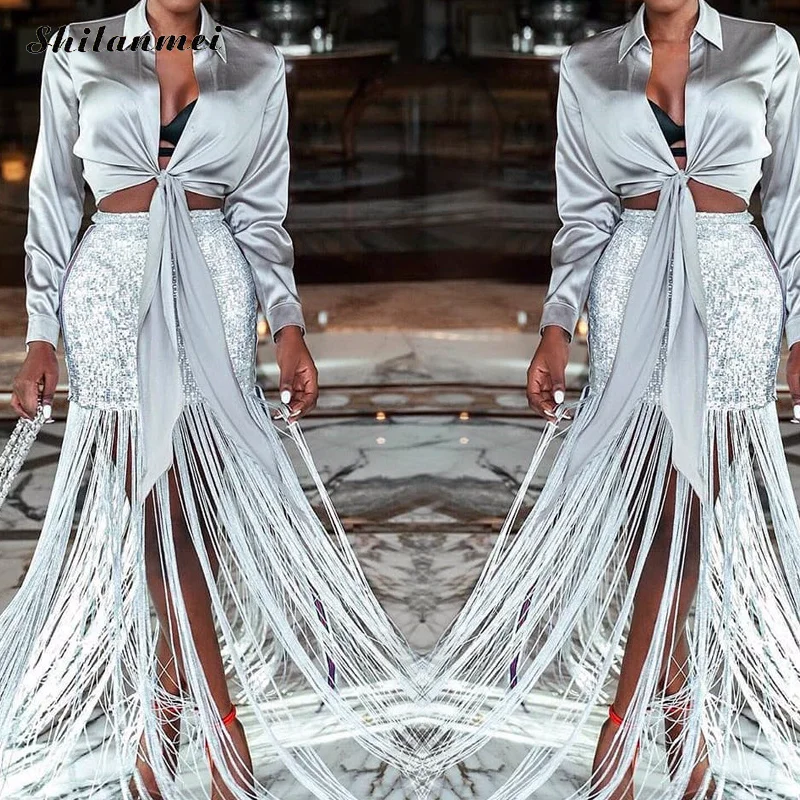 Reflaction Серебряная юбка Для женщин панк Костюмы Bodycon Юбка с пайетками с кисточками миди юбка Женская Блестящая Клубная одежда Высокая талия сексуальная юбка