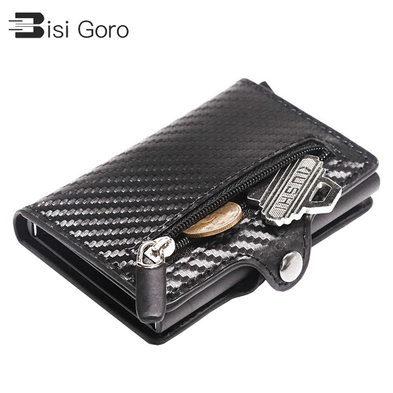 Tarjetero de Metal RFID con botón para hombre, Cartera de fibra de carbono con protección, delgada, antirrobo, 2021