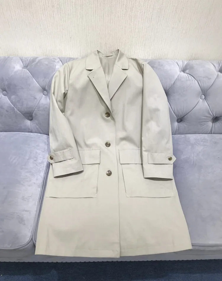 Women Trench Light Gray Green Cotton Straight Trench Coat