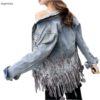 

Vintage Harajuku Jeans Jacket Coat 2019 Spring Women Tassel Patchwork Denim Outerwear Fashion Girl Embroidery Coats LT090S30
