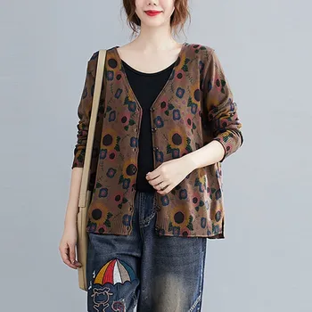 

Women Autumn Casual Knitted Kardigan New Arrival 2020 Vintage Style Floral Print Loose Female Long Sleeve V-neck Sweaters S1936