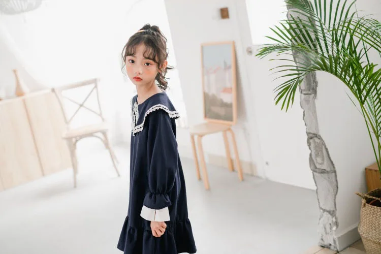 Back To School Clothing 100% Cotton Fall Dress For Girl Petal Sleeve Big Girl Kids Dresses Blue 2019 Autumn Child Dress Fashion (17)