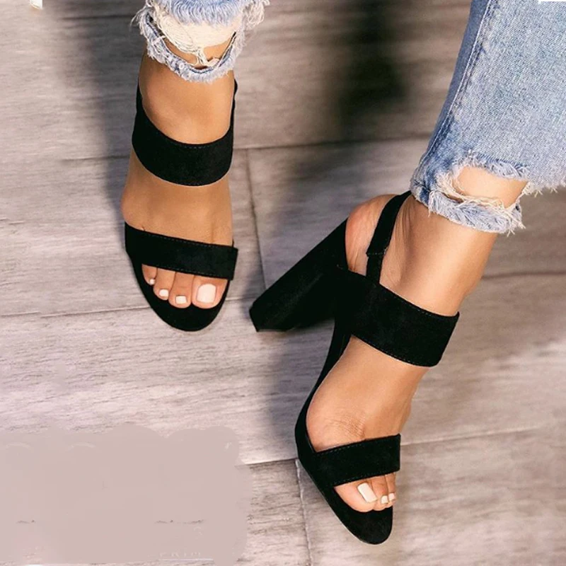 

Roman Style Women Sandals Super High Heels Block Heeled 2019 Summer New Open Toe Pumps Slingback Elastic Back Strap Black Shoes