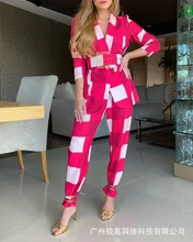 

rose red plaid suit trouser suit Women 2021 new fashion autumn with belt