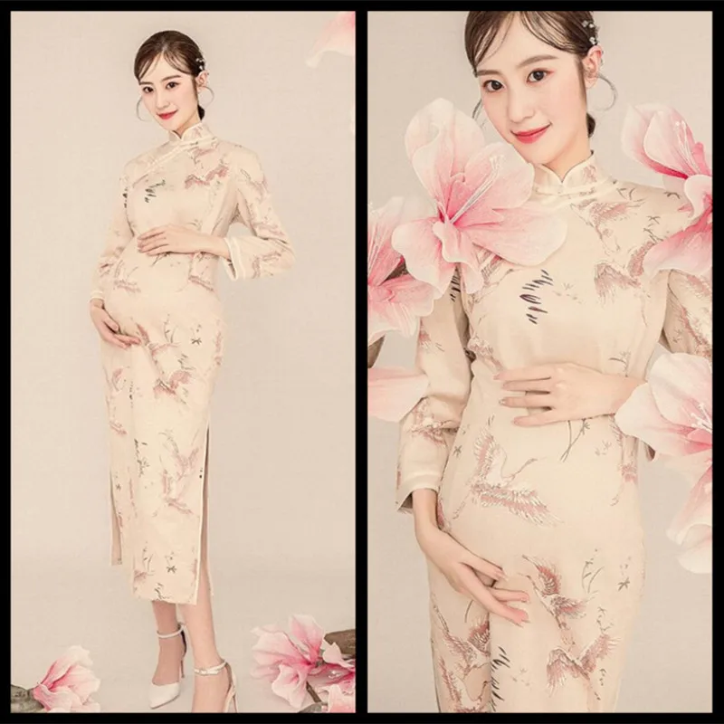 new-maternity-photo-clothing-national-style-printed-cheongsam-photo-art-maternity-photo-studio-photography-maternity-dress