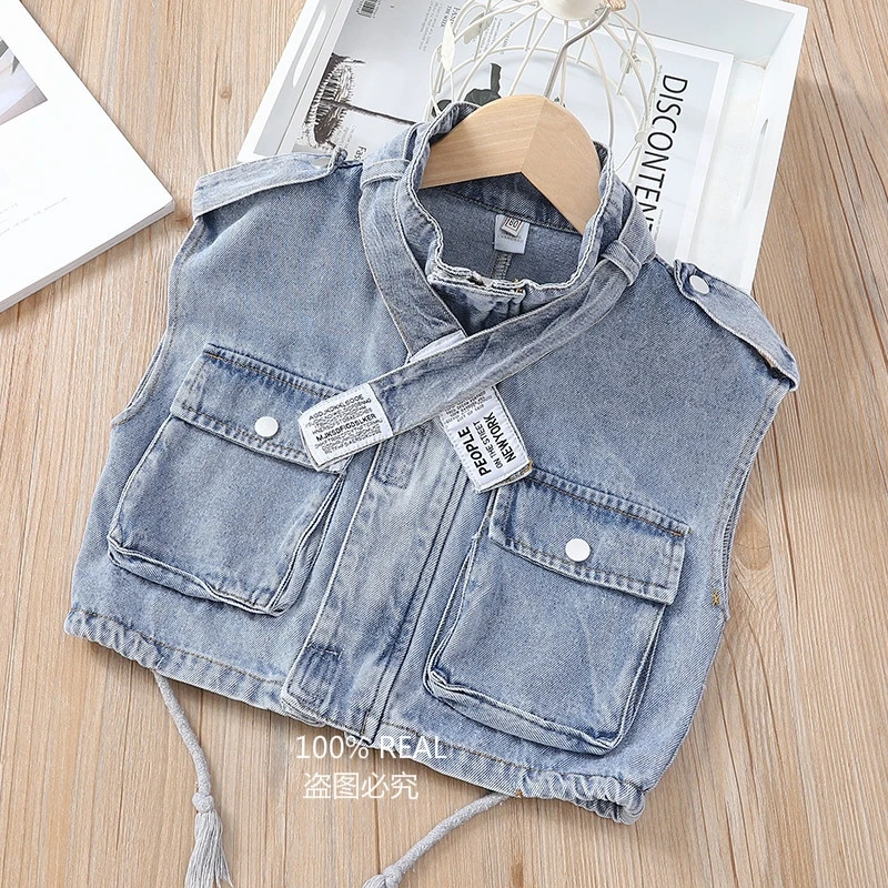 

Girls Cowboy Vest Autumn 2019 Children Wear Korean Version Of The Ocean Single-Breasted Jacket Children's Tooling Pocket Vests
