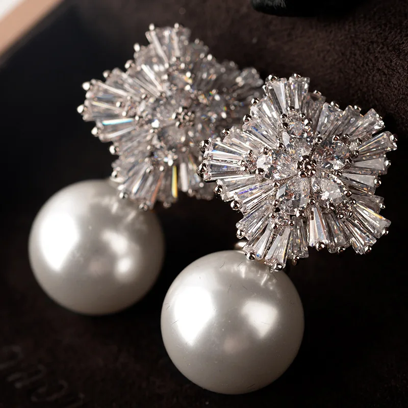 Высококачественные позолоченные женские жемчужные серьги-гвоздики с кубическим цирконием класса ААА, серьги в виде цветка из стерлингового серебра S925 пробы