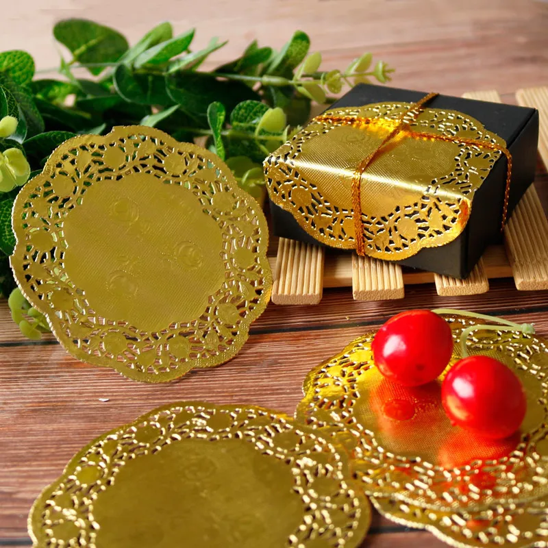 

50pcs Gold Paper Doilies Napkin Pads Hollowed Lace Paper Mat Lace Doily Coasters Placemat Party Wedding Decorations