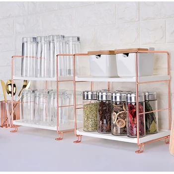 

Stackable Kitchen Shelf Nordic Rose Gold Desktop Iron Shelf 2/3 Tiers Multifunctional Bathroom Kitchen Seasoning Storage Rack