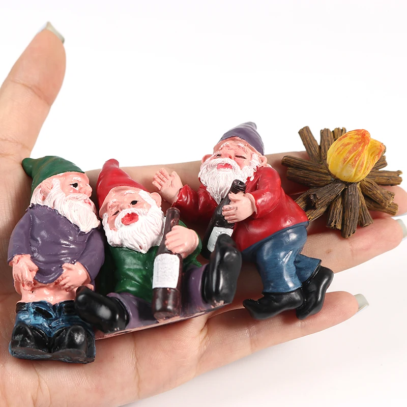 1 Set Mini Fairy Garden Drunk Yoga Gnomes Miniature Ornaments Set Dwarf Bonfire Statues for Flowerpot Garden Decor Accessories