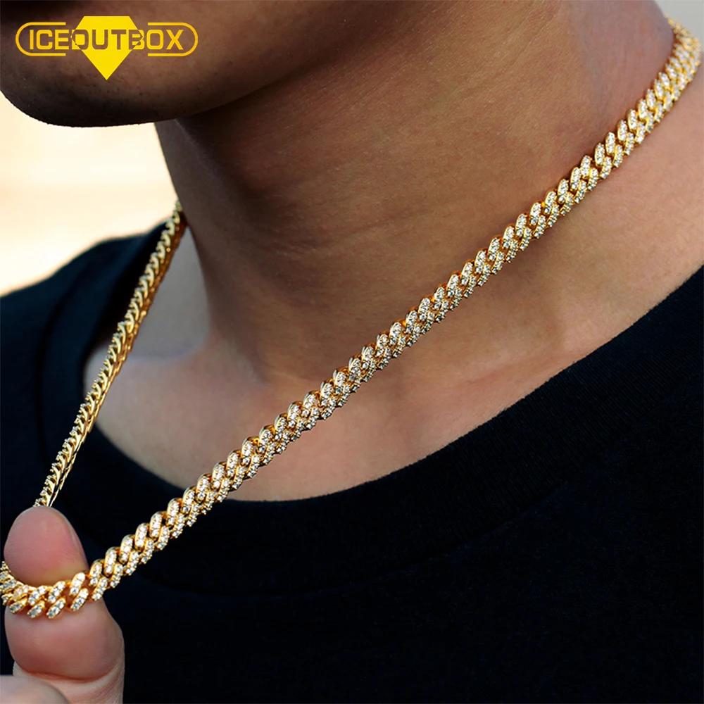 ICEOUTBOX 6MM Iced Out Cuban Chain Bling Necklace Rhinestone Golden Miami Cuban Link Chain For Women Men's Hip Hop Jewelry Gifts