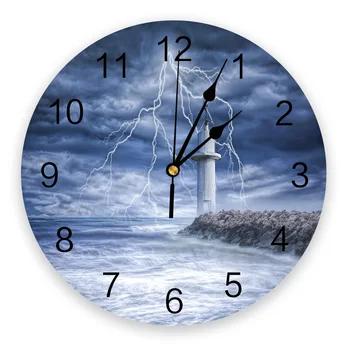 

Circular Wall Clock High Tower Sea Lightning Wall Clock Home Decor Bedroom Silent Oclock Watch Wall for Living Room
