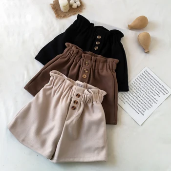 

Spring Autumn Women Elegant High Waist Woolen Shorts Ladies Winter Thick Solid Casual Loose Elastic Waist Button Shorts M-4XL