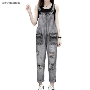 

Vintage Hole Women Denim Jumpsuit Pants With Rivets Summer 2020 High Waist Loose Streetwear Jeans Overalls Female Romper