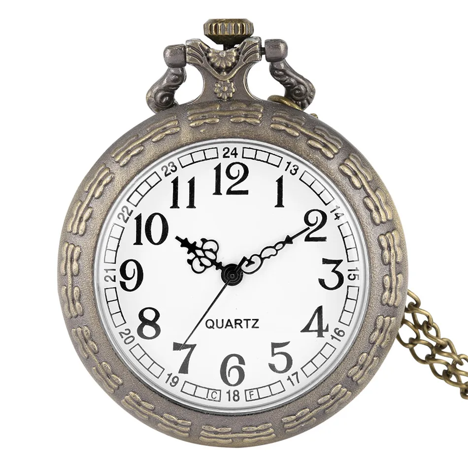 

Classic Arabic Numerals Display Round Dial Quartz Pocket Watch Bronze Exquisite Design Back Cover Necklace Pendant Clock Gifts
