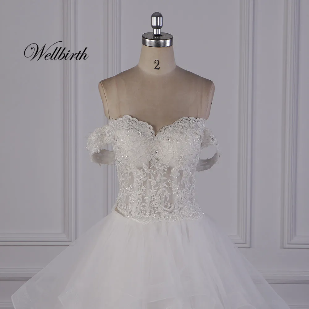 Реальное изображение Wellbirth Vestido de novia милое tull zippber ТРАПЕЦИЕВИДНОЕ свадебное платье с открытыми плечами свадебное платье JC050