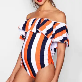 

Women Stripe Swimsuit Pregnant Word Shoulder Ruffle One-Piece Maternity Swimwear Tankinis Bikinis Swimsuit Beachwear Suit #A3