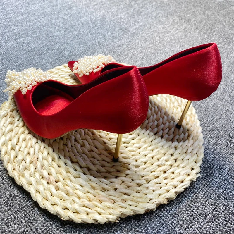 Grace2021 vestido rojo de boda con tacones para banquete, zapatos de novia aguja, perlas, pueden usar en otoño|Zapatos de tacón de mujer| -