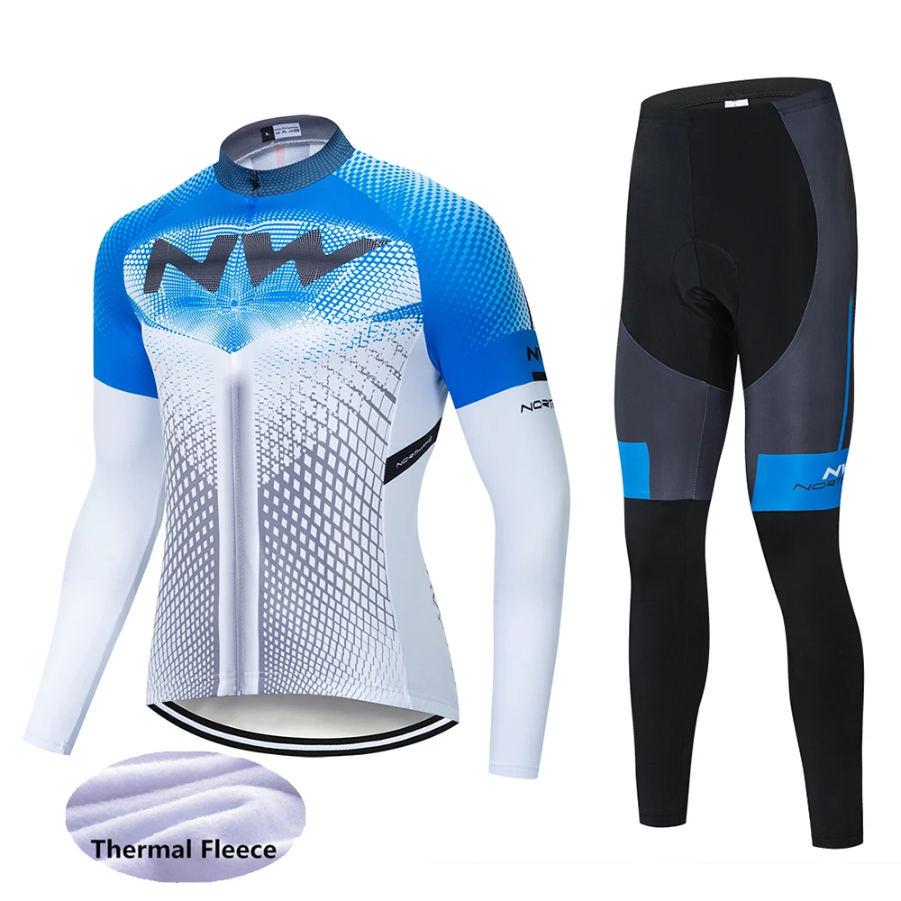 NW Winter thermal fleece Cycling Clothes men's Jersey suit outdoor riding bike MTB clothing warm Bib Pants set - Цвет: Cycling suit