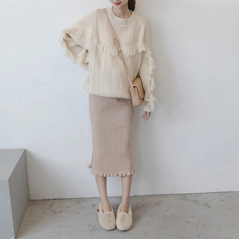 Новинка; Одежда для беременных; сезон осень-зима; свитер; пальто с длинными рукавами; однотонный джемпер с кисточками; свитер для беременных - Цвет: Бежевый