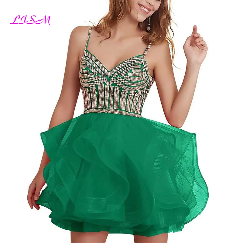 

Tulle Crystal Short Homecoming Dresses Beaded Layered V-Neck Prom Gown Short Formal Cocktail Dress