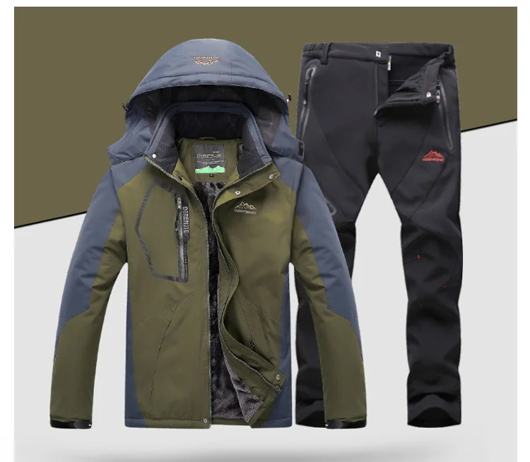 army black TRVLWEGO Зимний лыжный костюм для мужчин ветрозащитная водонепроницаемая куртка для сноуборда и брюки для улицы супер теплая 2 в 1 Теплая Флисовая зимняя куртка - Цвет: army black