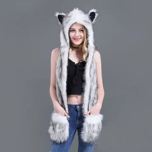 Husky Hirigin унисекс зимняя теплая шапка из животного меха бомберы шапки шарф Пушистый Плюшевый шапка ушной капюшон шаль перчатки - Цвет: Husky