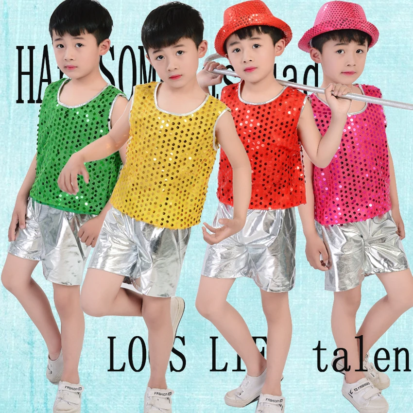 

Pub Style Hip Hop Children Jazz Ballroom Dance Costumes Solid Sequin Shining Vest+silver Shorts for Kids Boys Girls Performance