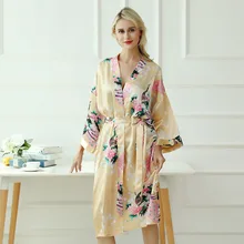 Sexy Sanderala Women Robe Plus Size XL Print Flower Peacock Kimono Bathrobe Gown Bride Bridesmaid Wedding Sleepwear Satin
