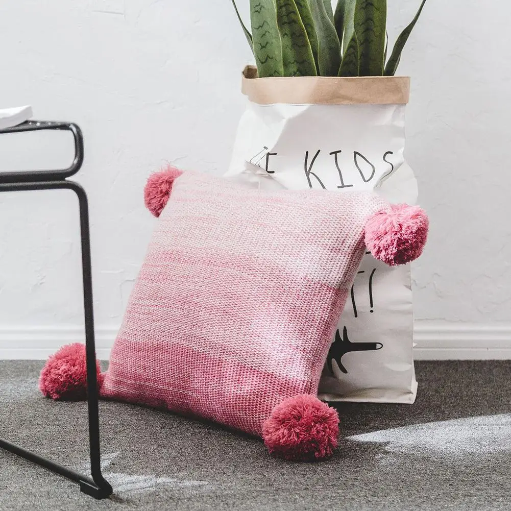 Sofa Pillow Pillow Case Square Creative Contrast Color Ball Pillow Waist Pillow Fashion Cotton Knit Pillow Light Green
