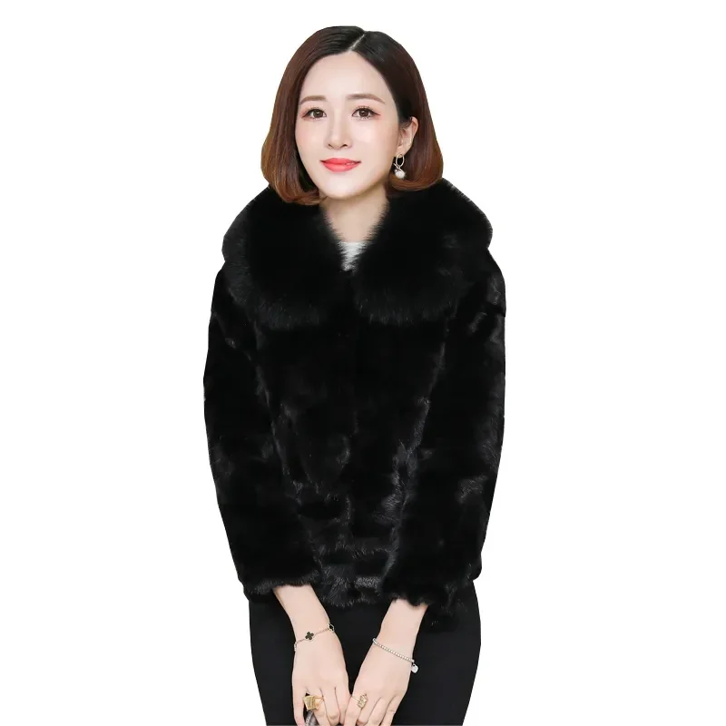 High Quality Women's Faux Fox Fur Collar Fur Coat Winter Slim Short 2021 New Female Pocket Imitate Mink Fur Jacke Black Elegant