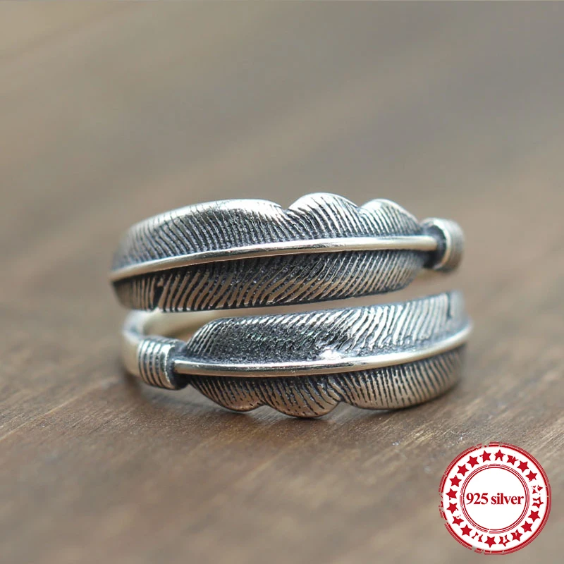 

S925 sterling silver open ring personality classic fashion Indian national feather retro style high-end send lover jewelry gifts