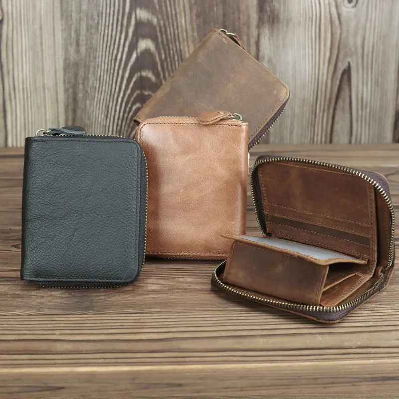 Short Organizer Wallet Man With Zipper Around Genuine Leather Male Coin Purse Crazy Horse Leather Card Holder For Boys Vintage Short Organizer Wallet Man With Zipper Around Genuine Leather Male Coin Purse Crazy Horse Leather Card Holder For Boys Vintage