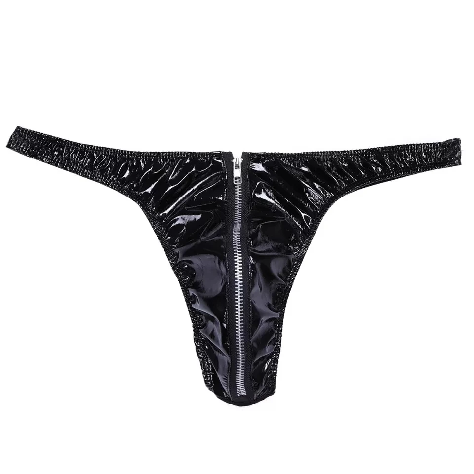Mens Sexy Zipper Open Crotch PVC Leather Shorts For Sex Latex Fetish Shaping Underpants Porn Bulge Pouch Sexy Bottom Underwear