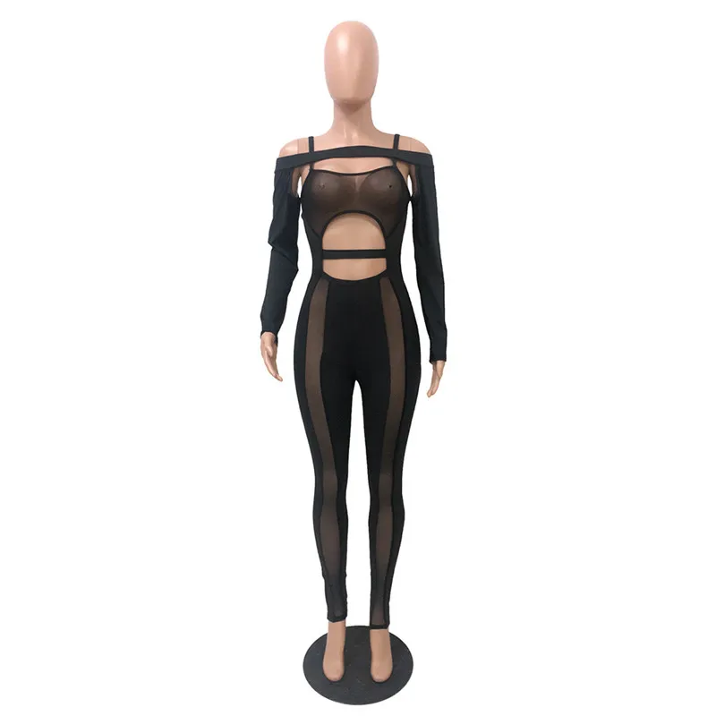 New Solid Full Sleeve Women Mesh See Though Splicing Hollow Out Jumpsuit Fashion Streetwear Sexy Club Party Romper Playsuit