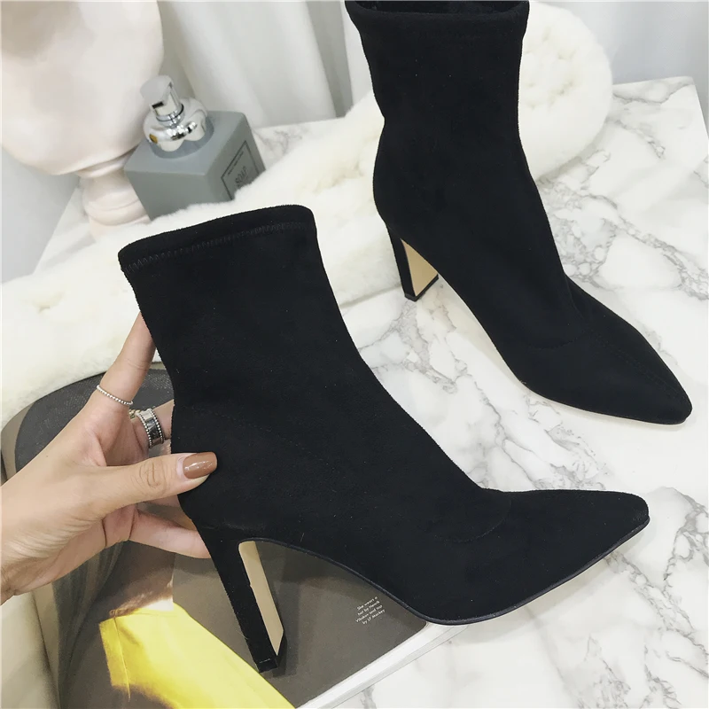

2019 Women 8cm High Heels Fetish Boots Fashion Thick Block Heels Luxury Winter Snow Ankle Boots Stretch Chunky Plush Warm Shoes