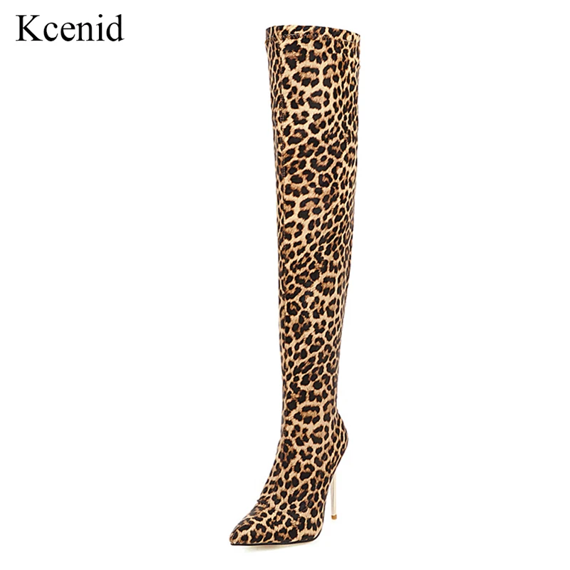 

Kcenid Sexy leopard print over the knee boots women pointed toe high heel shoes woman stretch sock boots winter thigh high boots