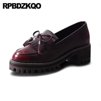 

kawaii size 4 34 retro pumps bow 2019 black brown block medium heels thick chunky tassel round toe platform shoes wine red women