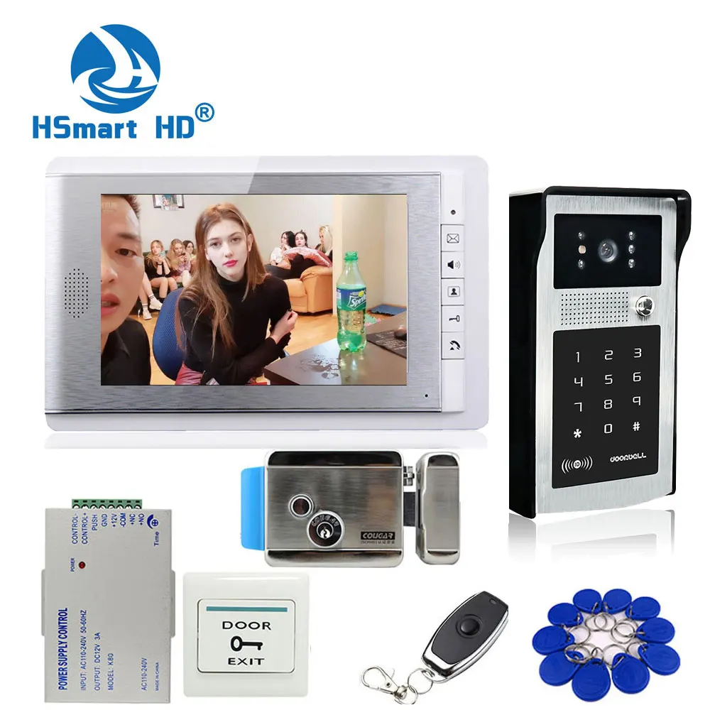 US $143.05 New 7 Inch Color Screen Video Door Phone Video Intercom KitTouch Outdoor Rfid Code Keypad Number Doorbell Camera 1 Monitors