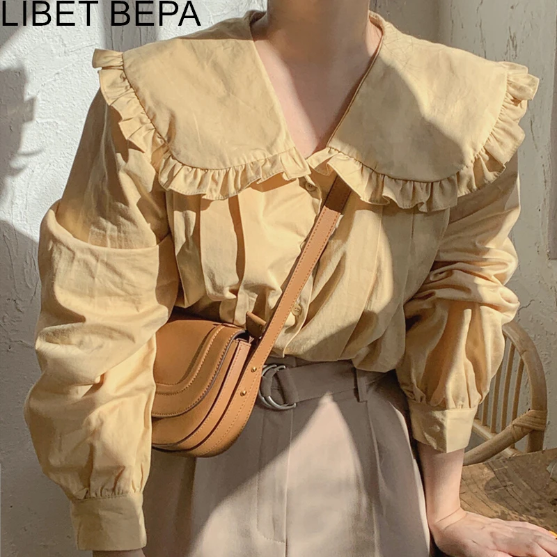 

New 2021 Spring Summer Women's Blouse Sweet Fashionable Elegant Oversize Vintage Shirt Peter Pan Collar Wild Lady Tops BL3315