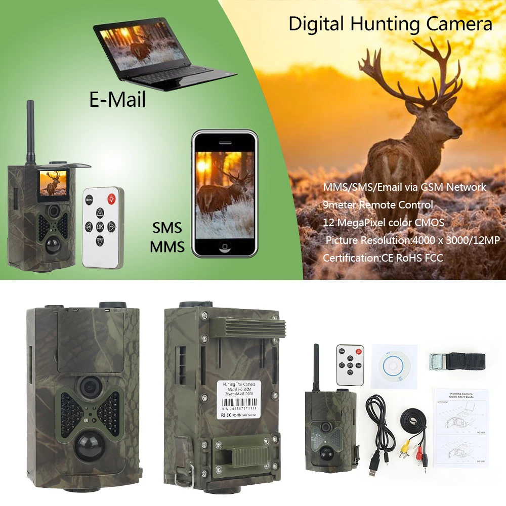 HC500M Hunting Trail Camera  12MP CMOS GPRS GSM SMS Infrared HD Wildlife Camera  Outdoor IR Sensor Hunting Wild Spy Camera