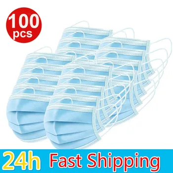 10/50/100/200/500pcs Disposable Face Mask 3-Layer Filter Anti Dust Smog Earloop Breathable Gauze Mask Blue Adult Mouth Mask