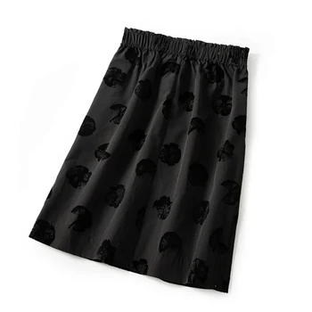 

Black Flocking Jacquard Women Slit Midi Skirt Female Elastic Waist Loose Mid Calf Skirt