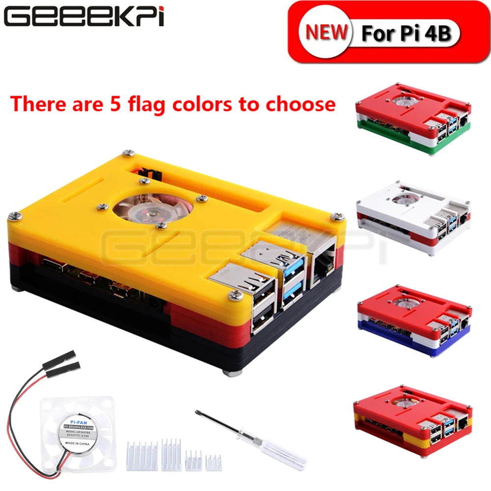 GeeekPi 9-layer ABS Case Cover Flag Colors Germany Italy England France Spain with Cooling Fan Heatsinks for Raspberry Pi 4B