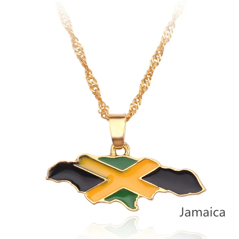Enamel Jamaica Map and National Flag Pendant Necklaces Gold Color