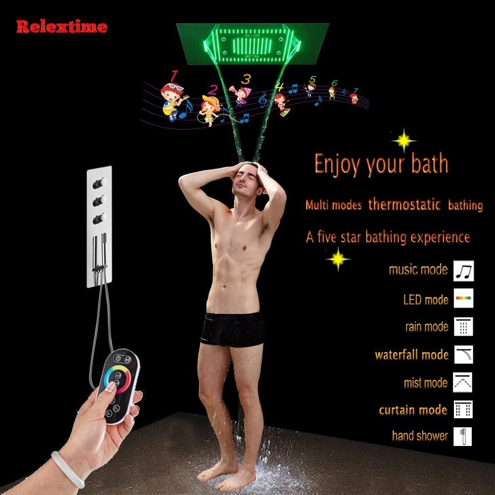 

Bluetooth Speaker System Nozzel Light LED Ceiling Shower Head Wall Mount Concealed Thermostatic Shower Panel Faucet Mixer Shower