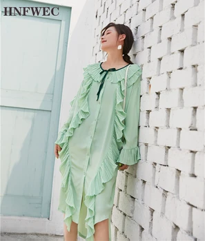 

Green Ruffles Plus Size Loose Long Sleeve Dress Women Tie Neck Button Up High Low Dress Korean Fashion Clothing T655